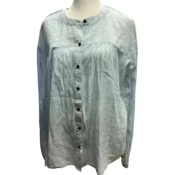 Falls Creek NWT Blue Pinstriped cotton button down moc collar long sleeve Top M - Picture 1 of 10